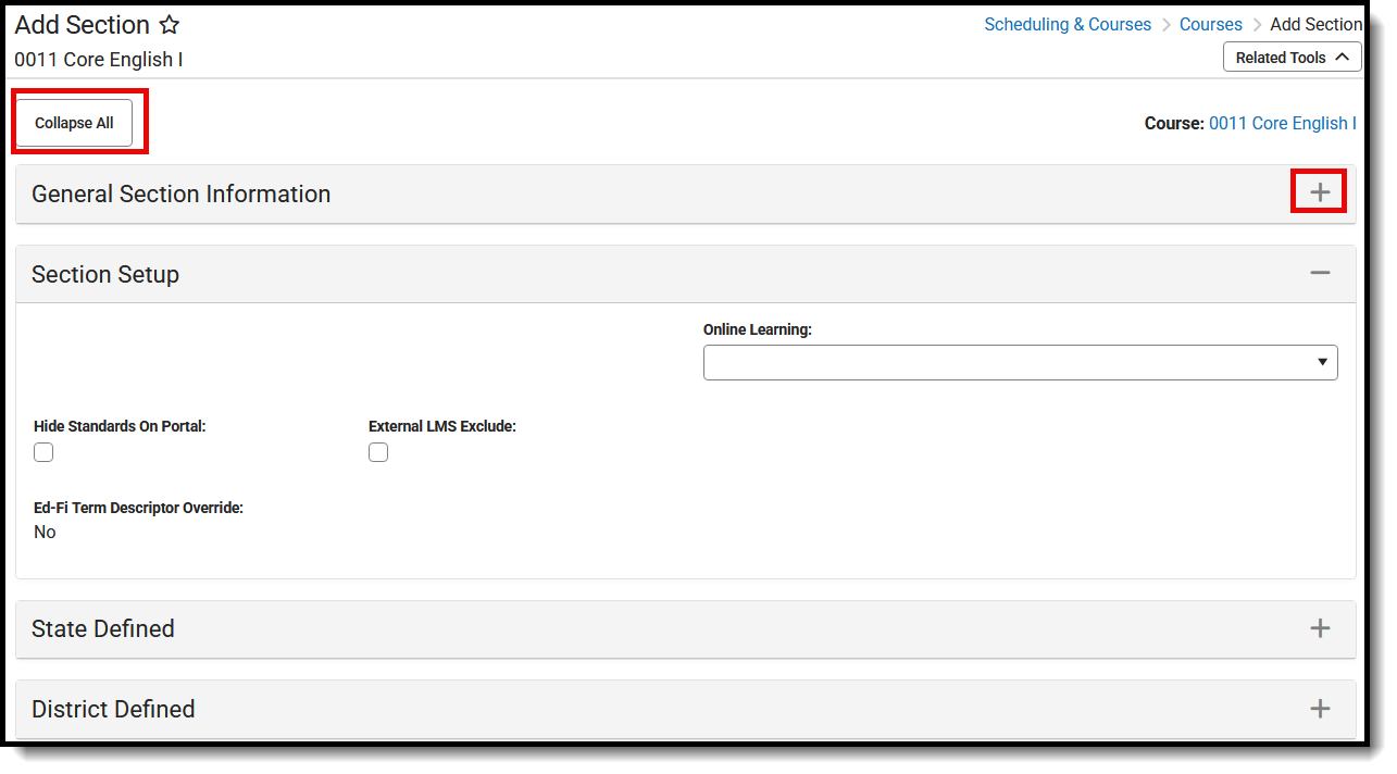 Screenshot of expanded cards with the plus sign highlighted and a hand icon clicking on the gray header