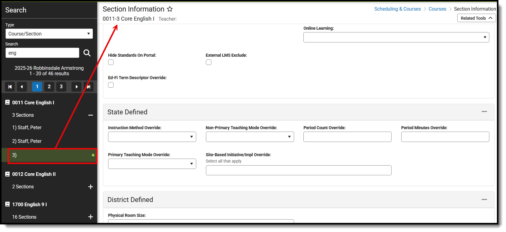Screenshot of the newly added section returned after saving the new section. 