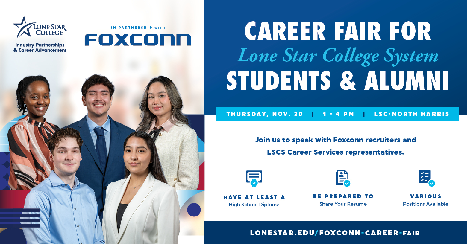 Connecting Students, Alumni, and Opportunity. Career Fair on Thursday, November 20th from 1 to 4 PM at LSC-North Harris.