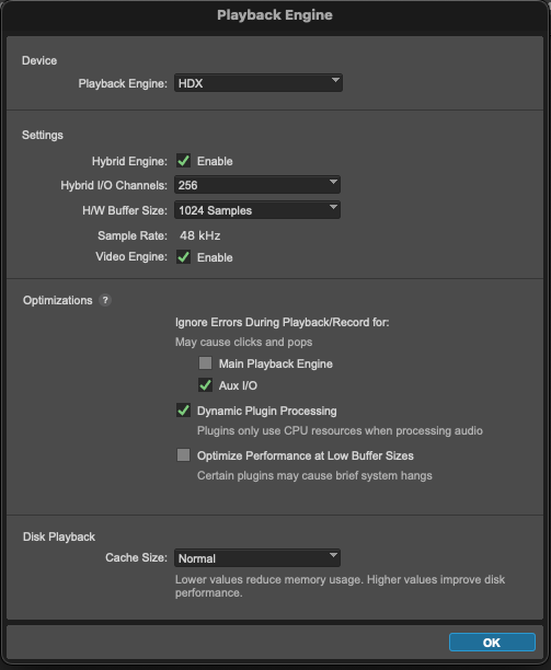 The Playback Engine settings window with Device Playback Engine assigned to HDX.
