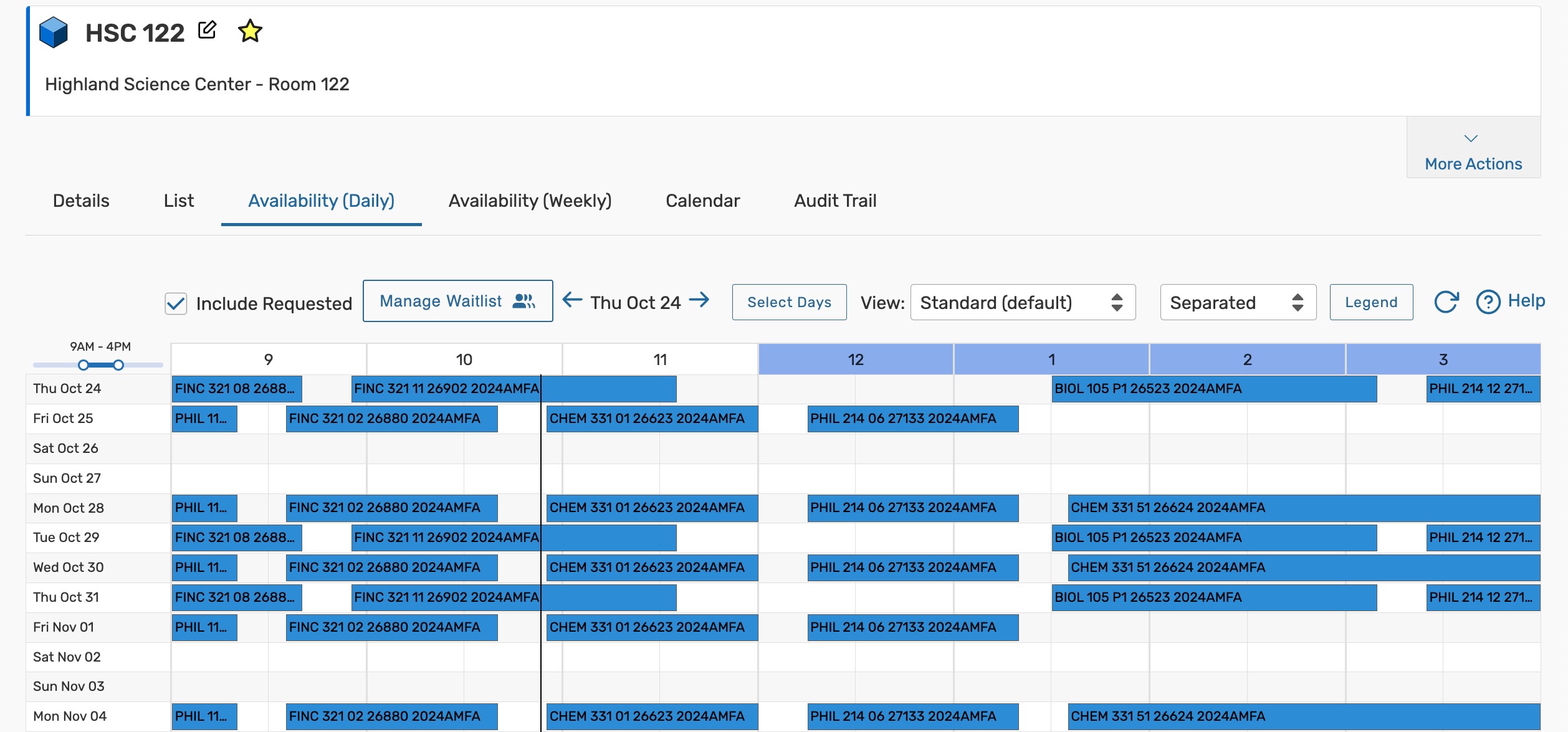 The availability daily view on a location page