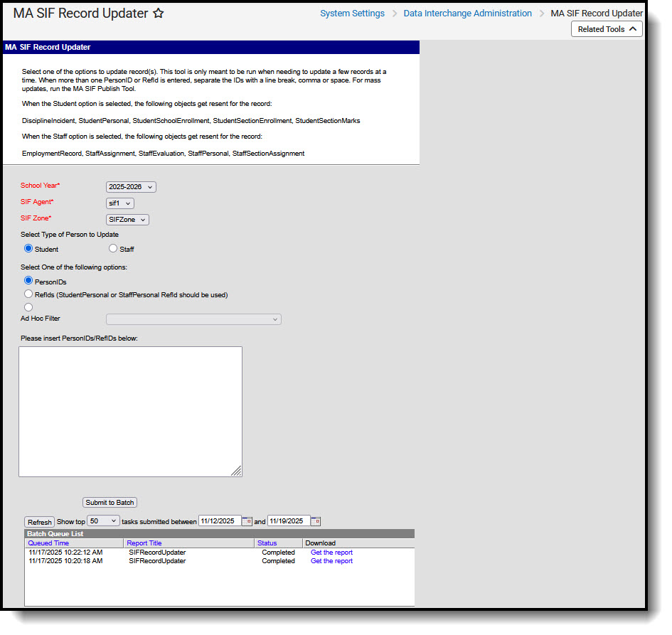 Screenshot of MA SIF Record Updater.