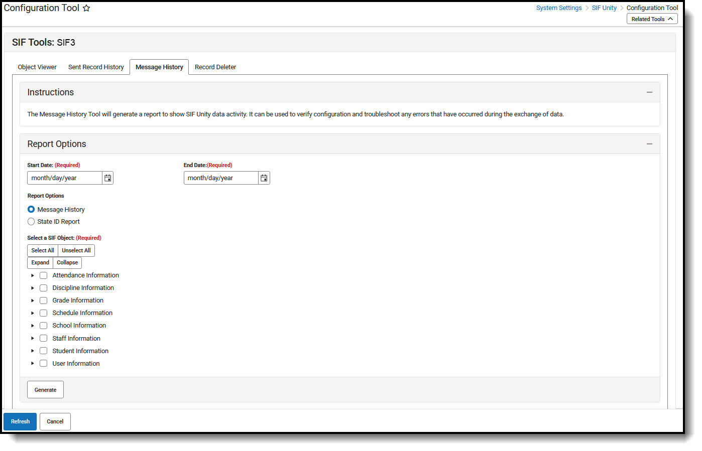 Screenshot of SIF Message History edior.