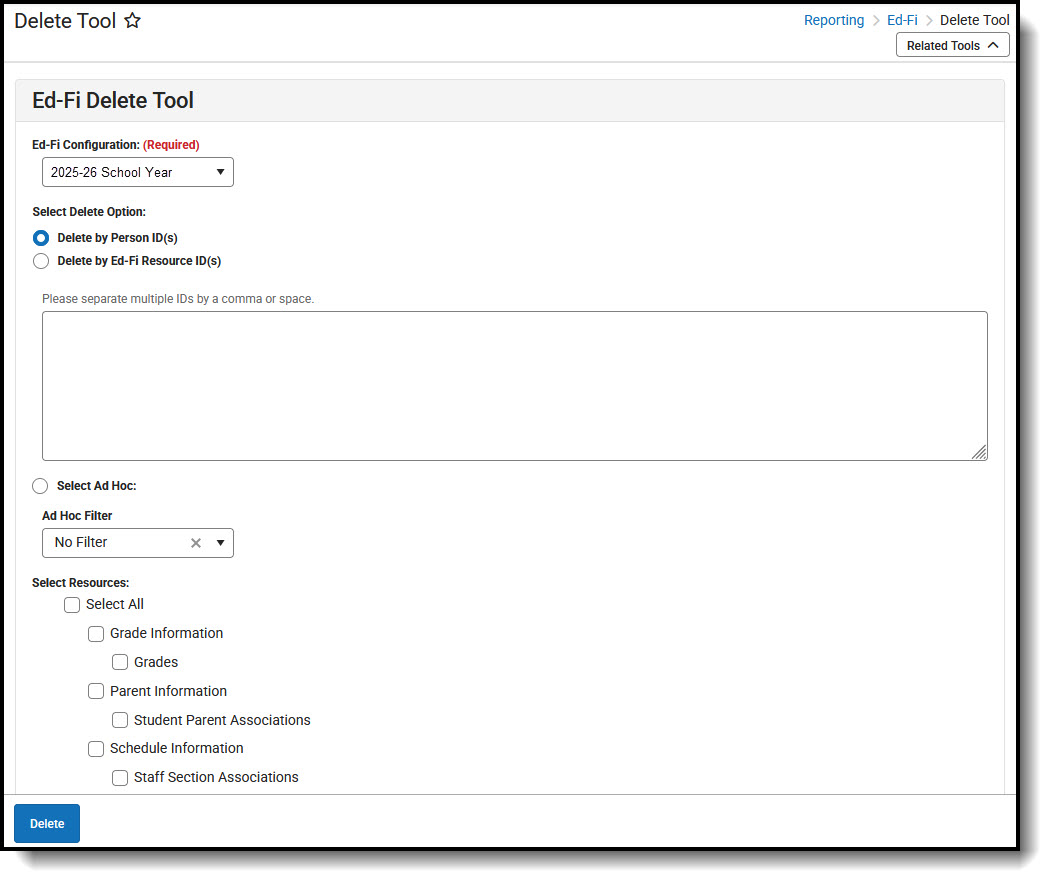 Screenshot of the Ed-Fi Delete Tool.