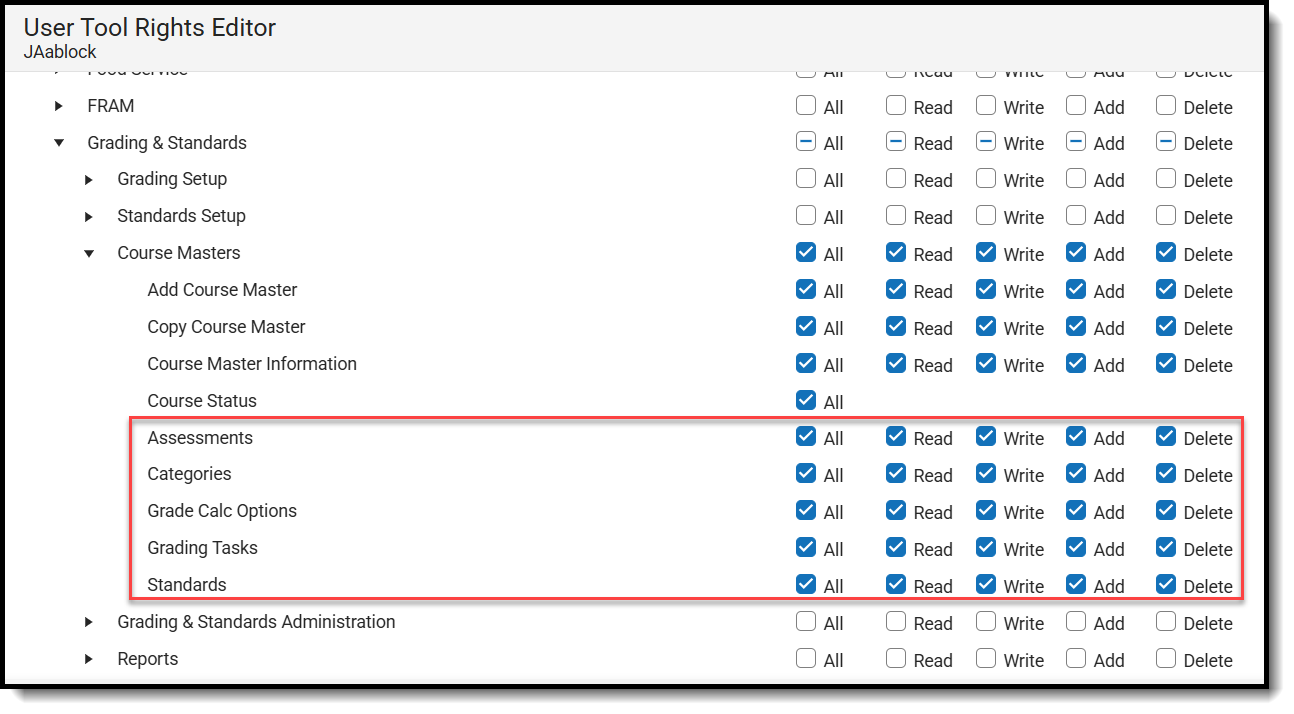 Screenshot of the Grading & Standards > Course Masters Tool Rights.