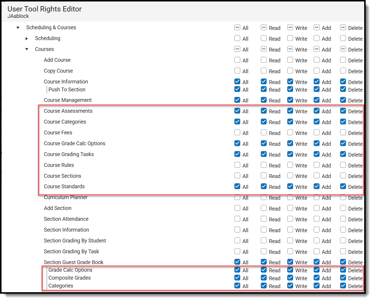 Screenshot of the Scheduling & Courses > Courses Tool Rights.