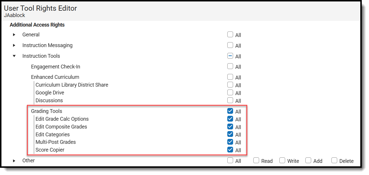 Screenshot of the Additional Access Rights > instruction Tools > Grading Tools Tool Rights.