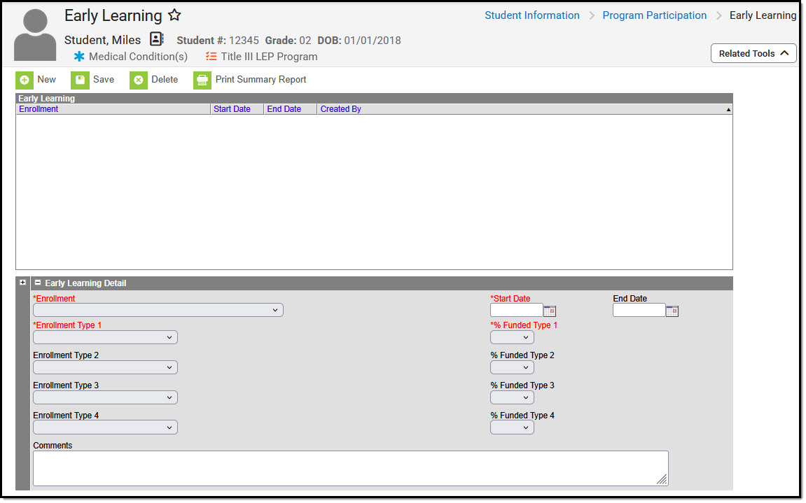 Screenshot of the Nevada Early Learning Detail editor.