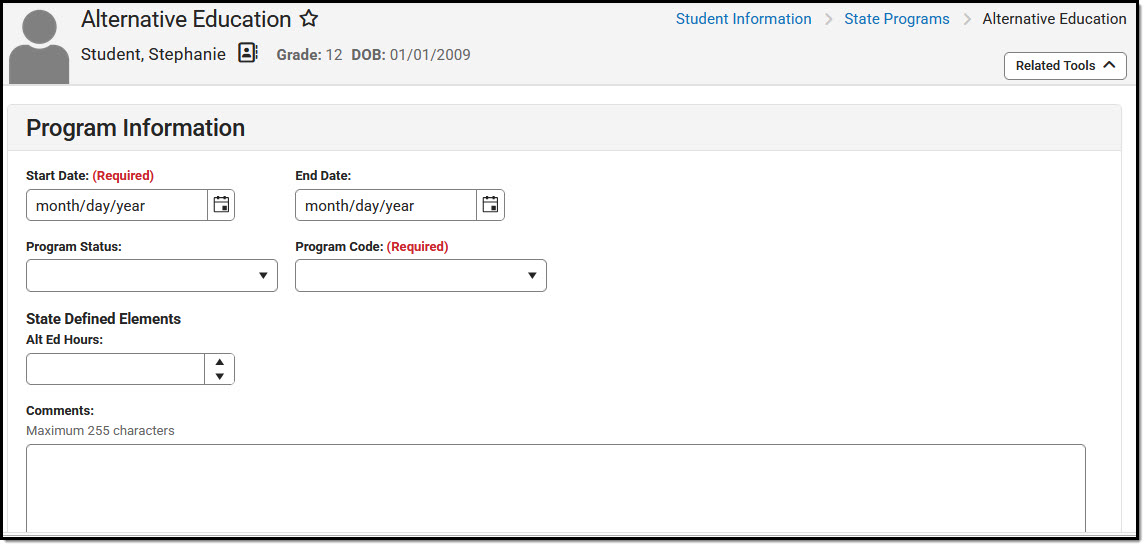 Screenshot of the North Dakota Alternative Education program editor..