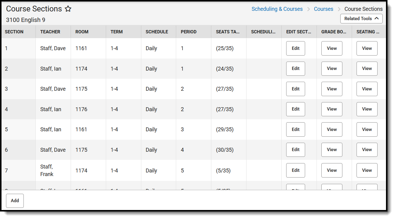 Screenshot of the Course Sections list, located at Scheduling & Courses, Courses. 
