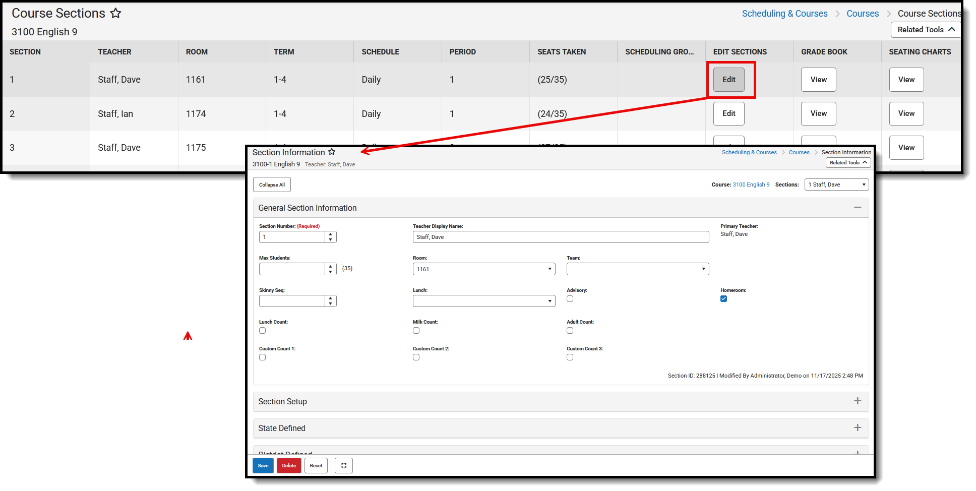 Screenshot of the Edit Section and the Section Injformation tool, where section information can be modified. 