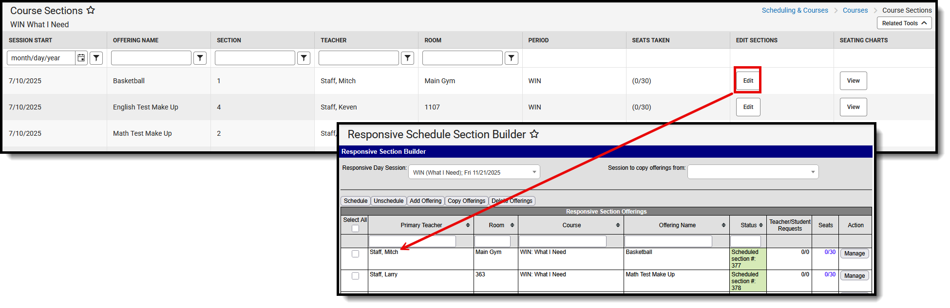 Screenshot of the Edit Section and the Responsive Section Builder.