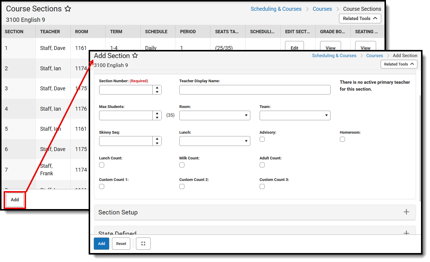 Screenshot of the Add Section link and he Add Section editor to create a new section for the course. 