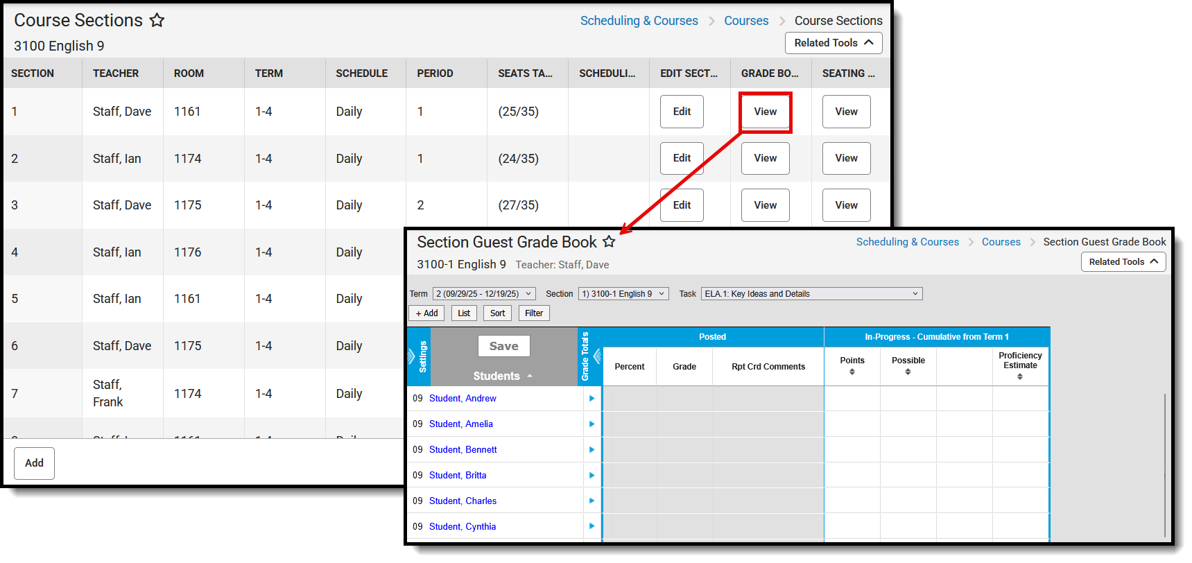 Screenshot of the Section Guest Grade Book access. 