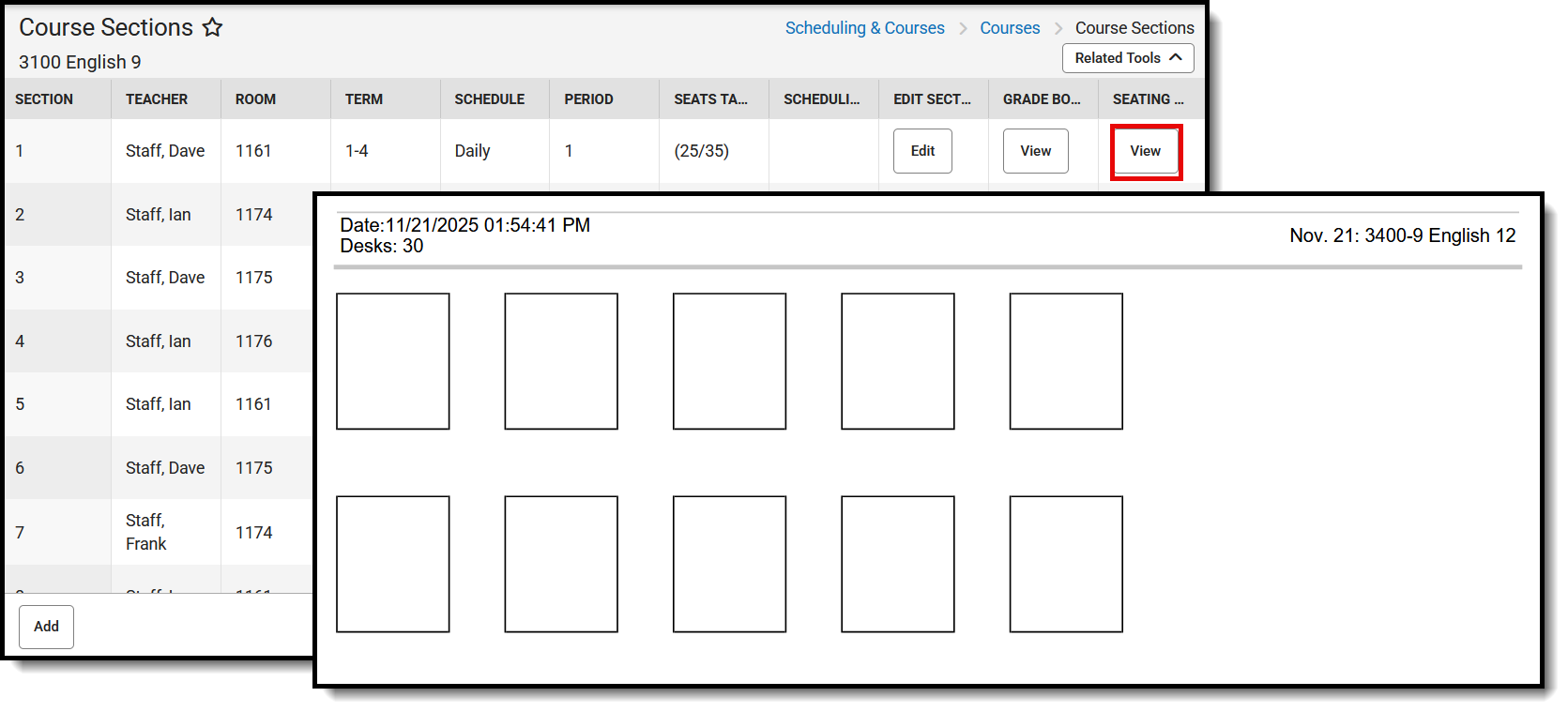 Screenshot of the Seating Chart printout. 