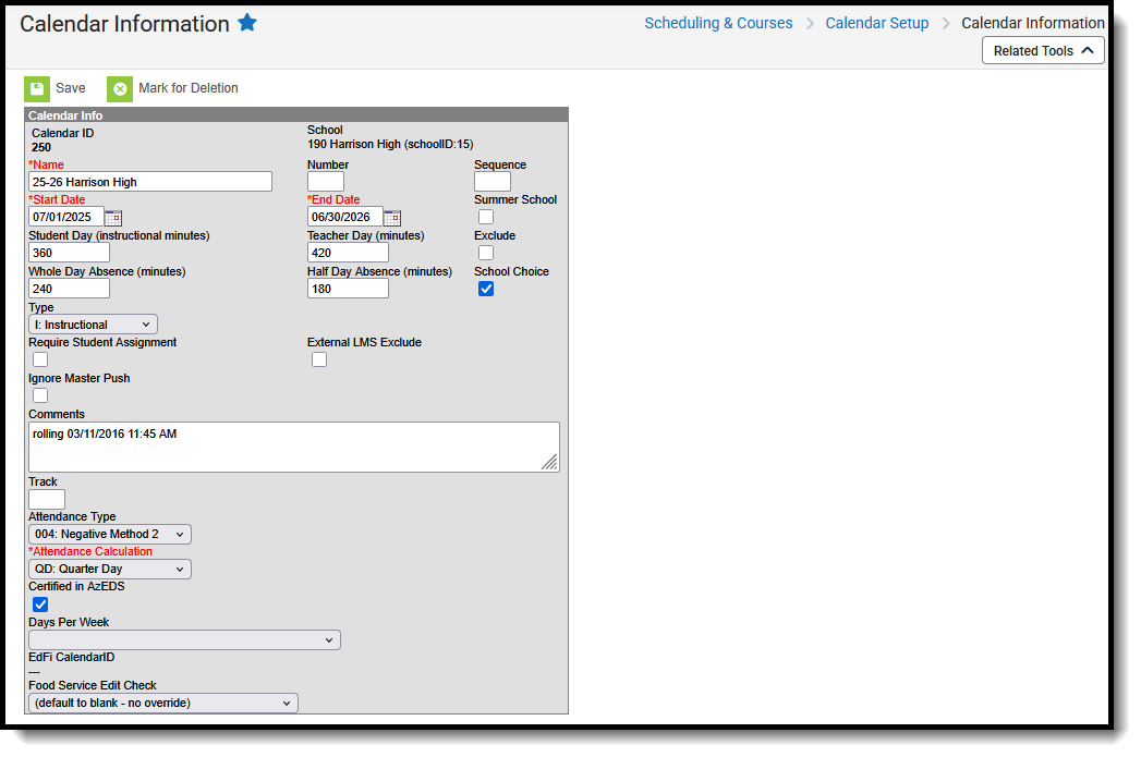 Screenshot of the Calendar Information editor located at Scheduling & Courses. Calendar. 