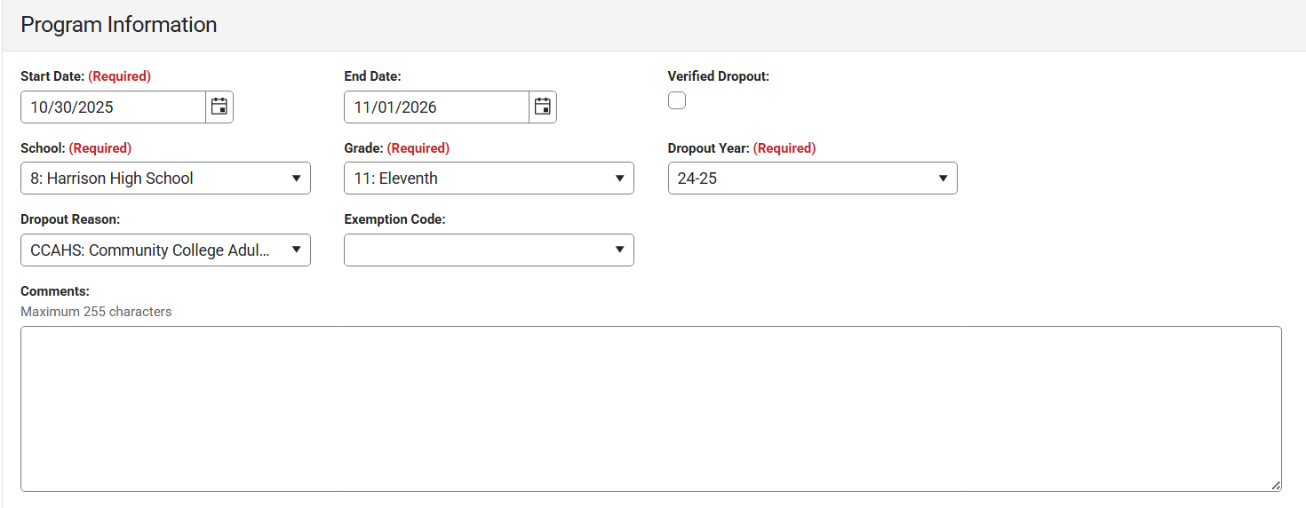 dropout program detail with end date