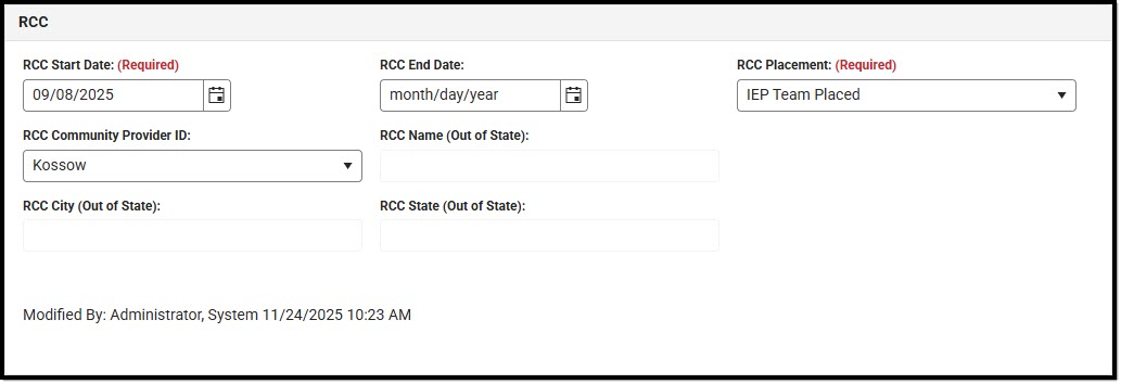 Screenshot of the RCC Detail fields.