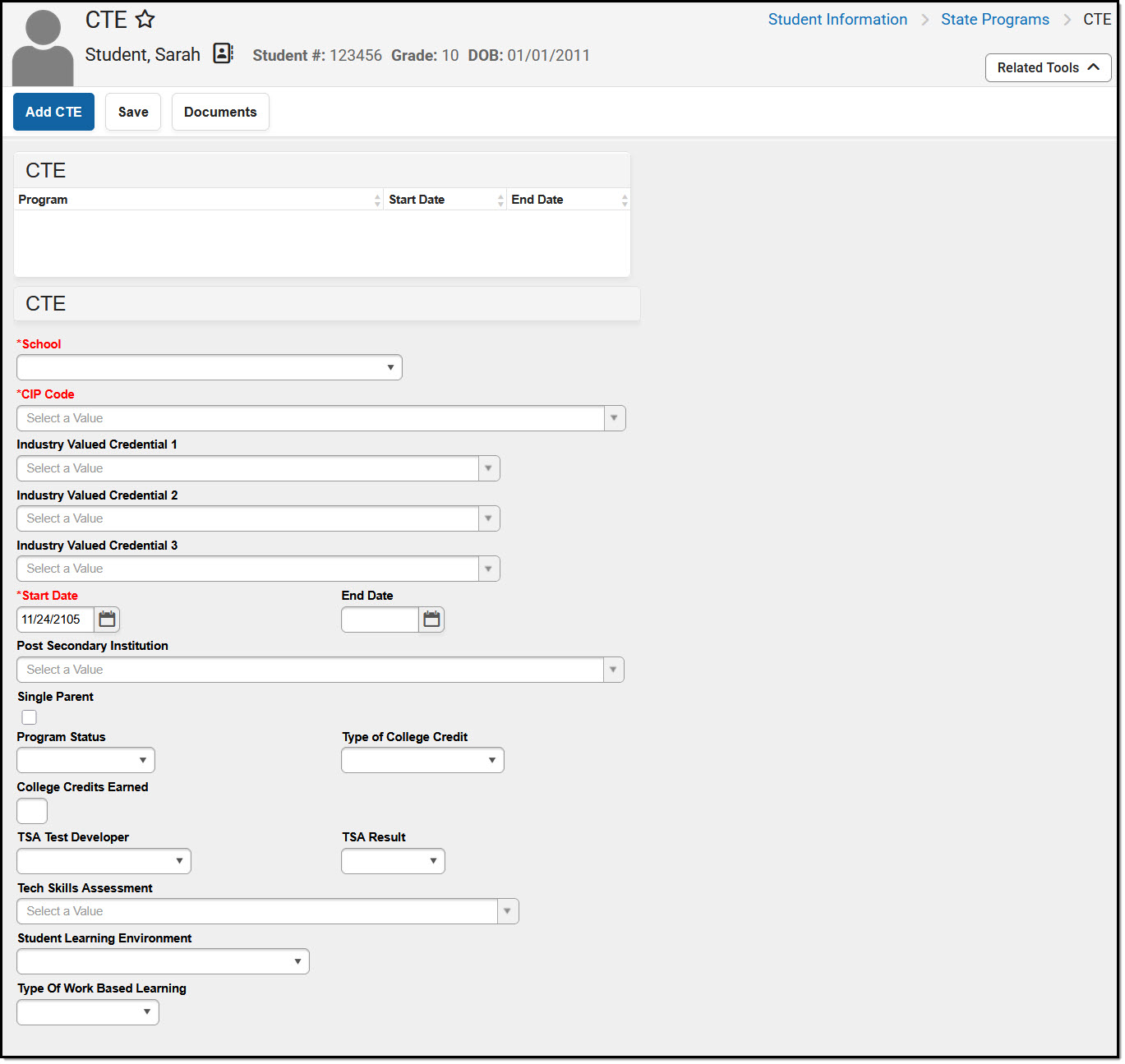 Screenshot of the New Jersey Student CTE editor.