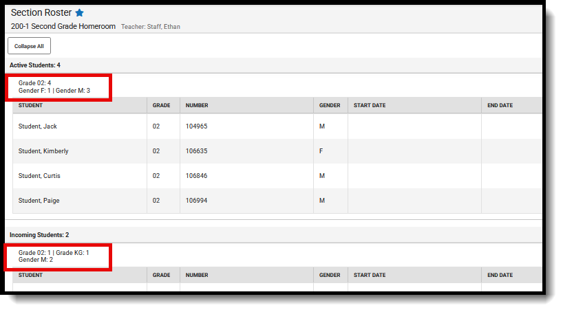 Screenshot of the Section Roster highlghting the Class Summary that lists the count of total students and a count of male and femail students. 