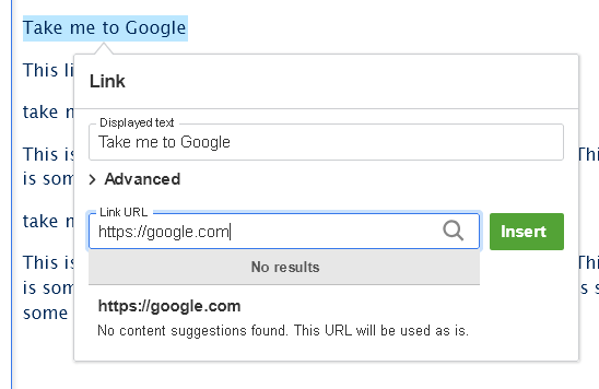 screenshot wysisyg making a link
