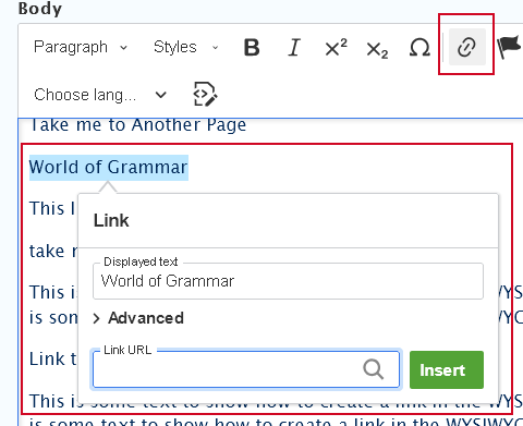 screenshot wysisyg add link url