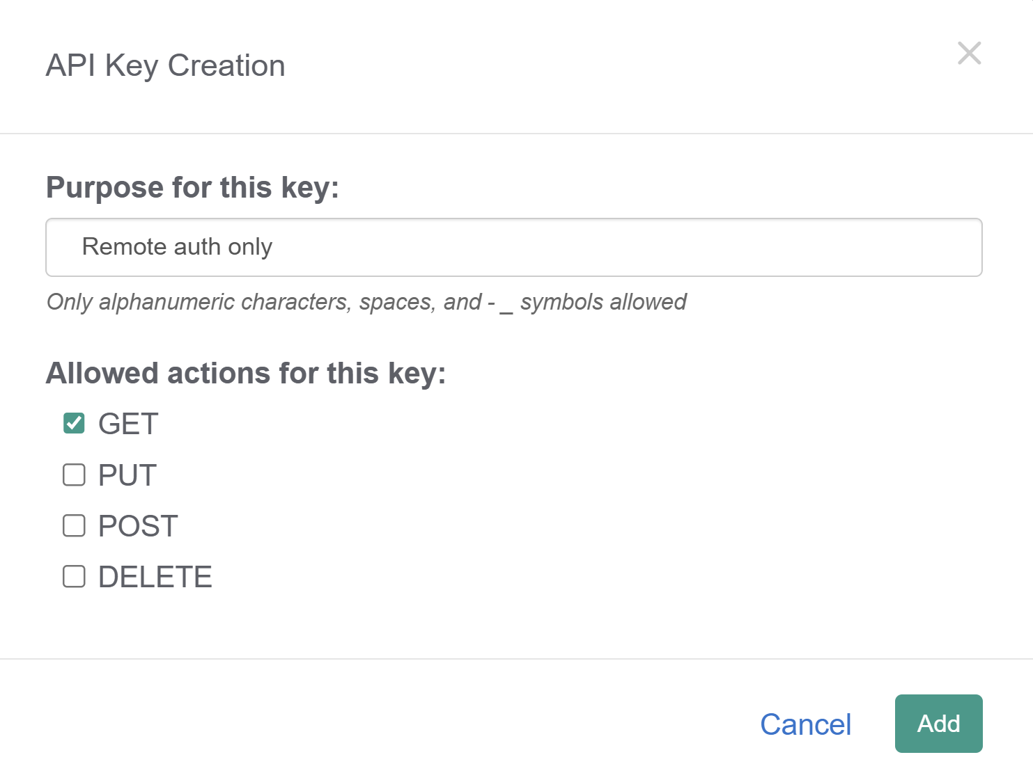 screenshot of the API Key Creation pop-up with the purpose listed as "Remote auth only" and the GET action as the only checked action