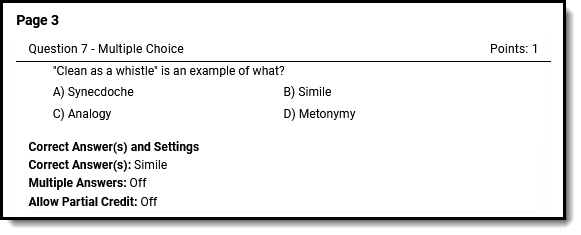 Screenshot of an example of a printed quiz.
