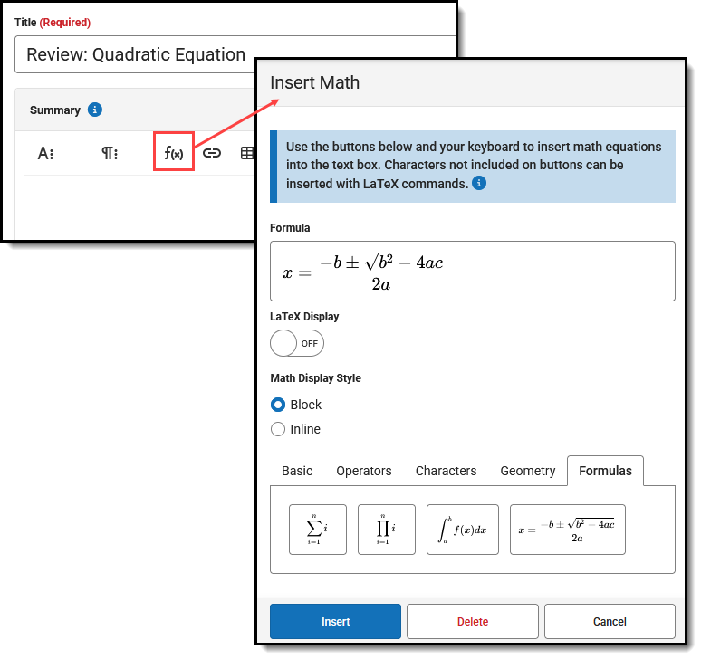 Two-part screenshot highlighting the equation button and the Insert Math panel that displays. 