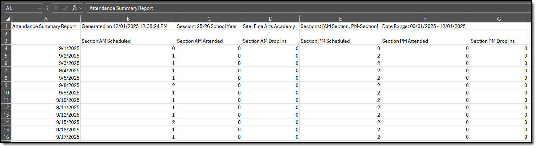 Screenshot of the Dependent Care Attendance Summary Report