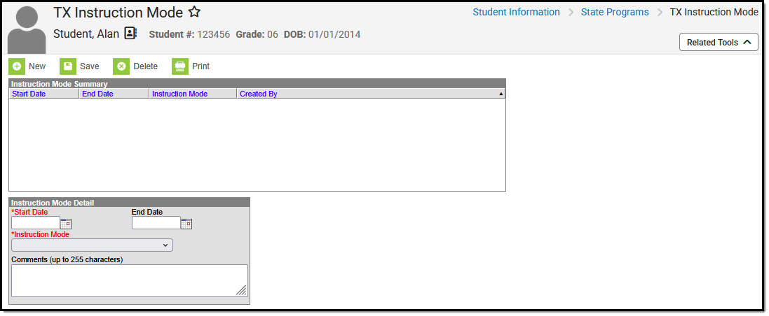 Screenshot of the Texas Instruction Mode tool.