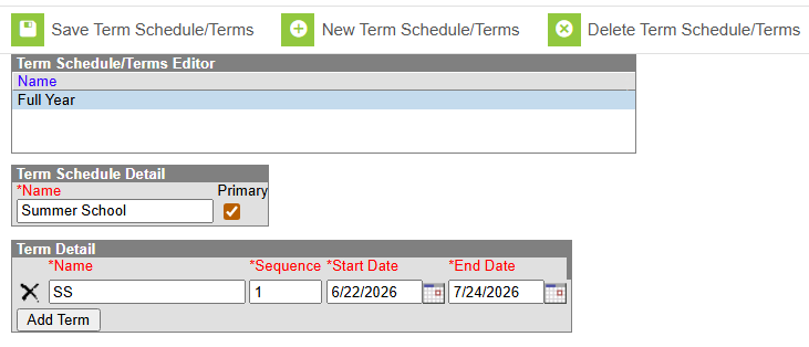 summer school term dates