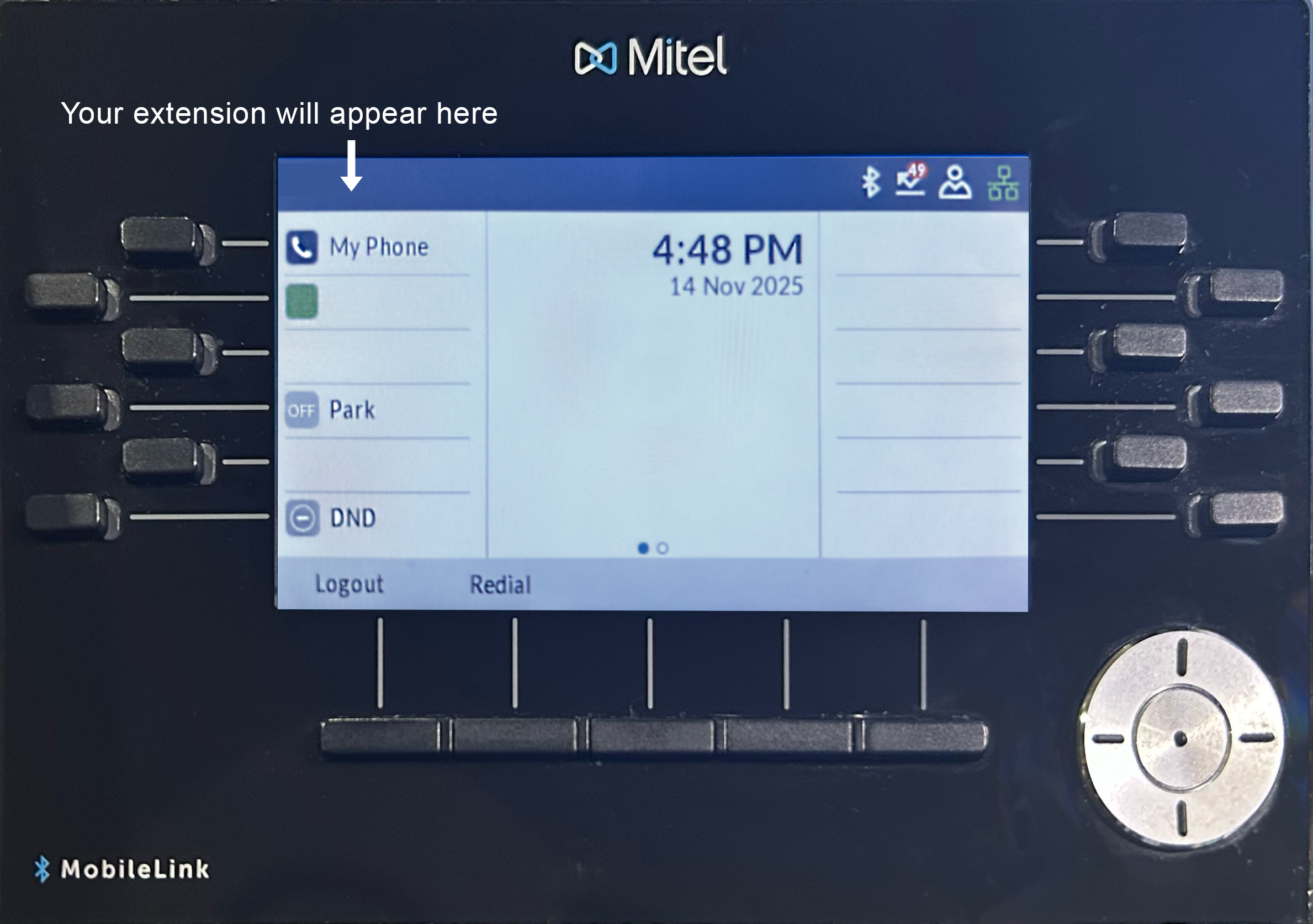 The upper part of a deskphone including screen, function buttons, and directional pad. "Your extension will appear here" is written on the top left of the phone's screen.