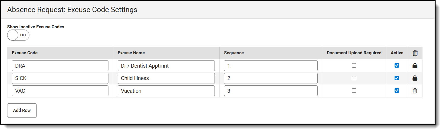 Screenshot of absence request excuse code settings