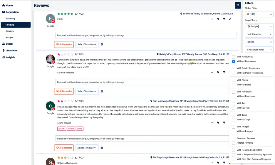 Reviews filtered without responses for the last three months on Google