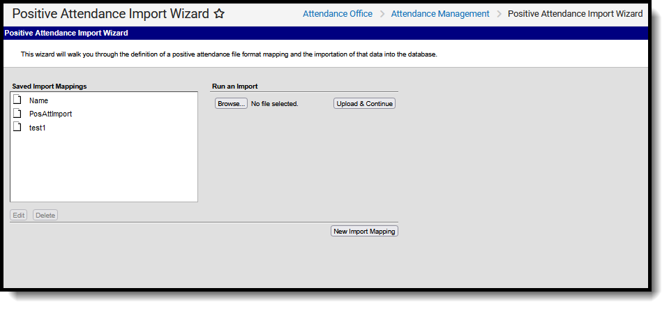 Screenshot of the Positive Attendance Import Wizard, located at Attendance Office, Attendance Management
