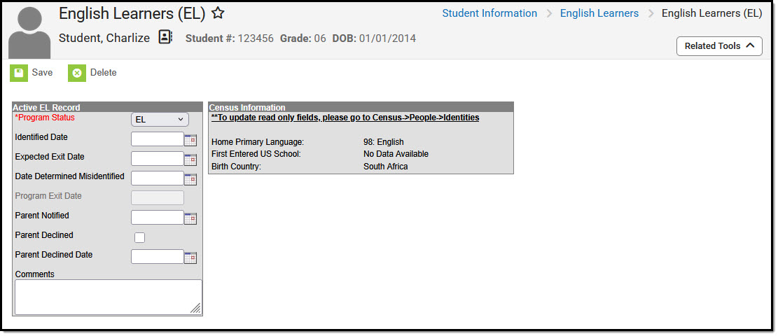 Screenshot of the EL Editor, located at Student Information, English Learners, English Learners (EL)