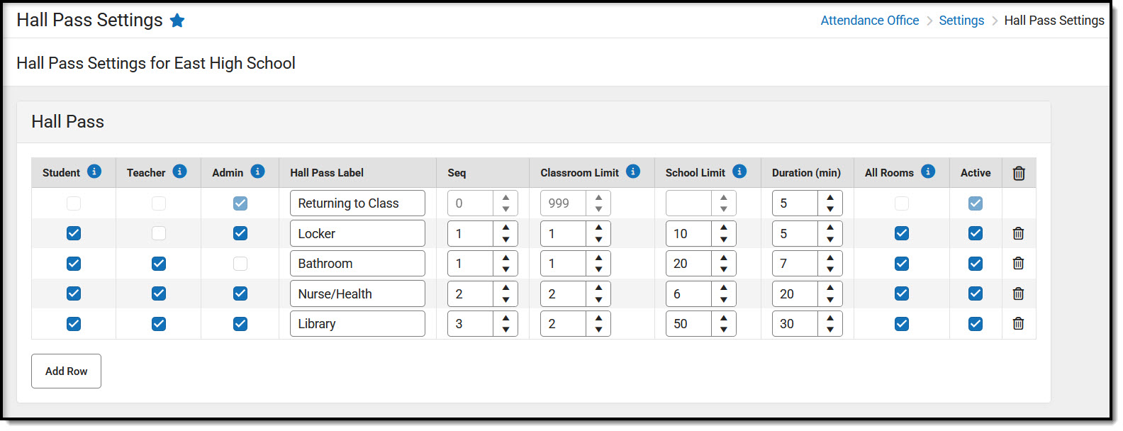 Screenshot of Hall Pass Settings