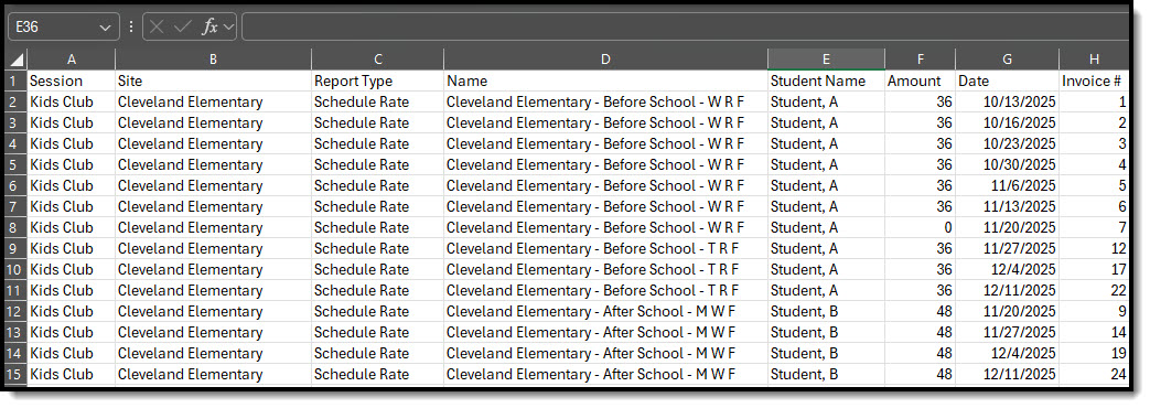 Screenshot of the Dependent Care Student Financial Activity - Schedule Rate Billed Report