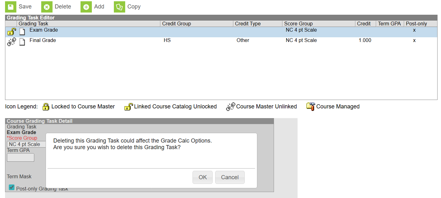 delete grading task with warning.