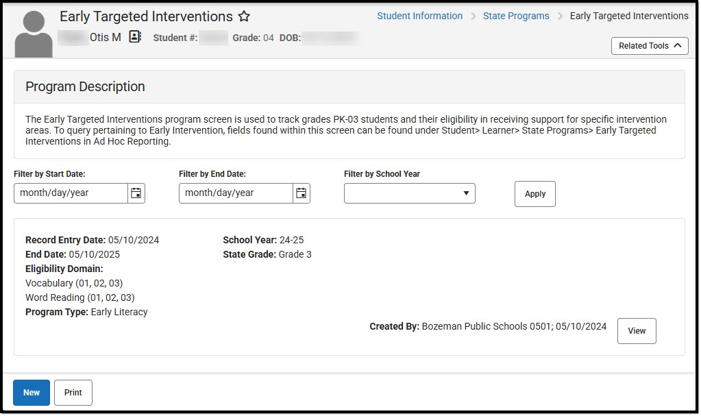 Screenshot of the Montana Early Targeted Interventions List Screen displaying one program record.
