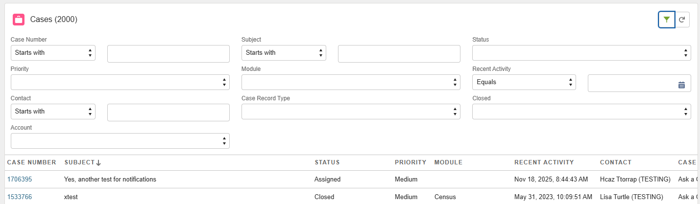 Screenshot of the case search options that display after clicking the funnel icon.