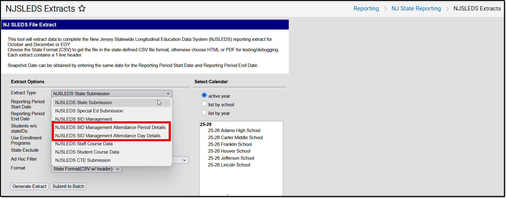 Screenshot of the NJSLEDS extract editor highlighting the SID Management Attendance Validation Extract options