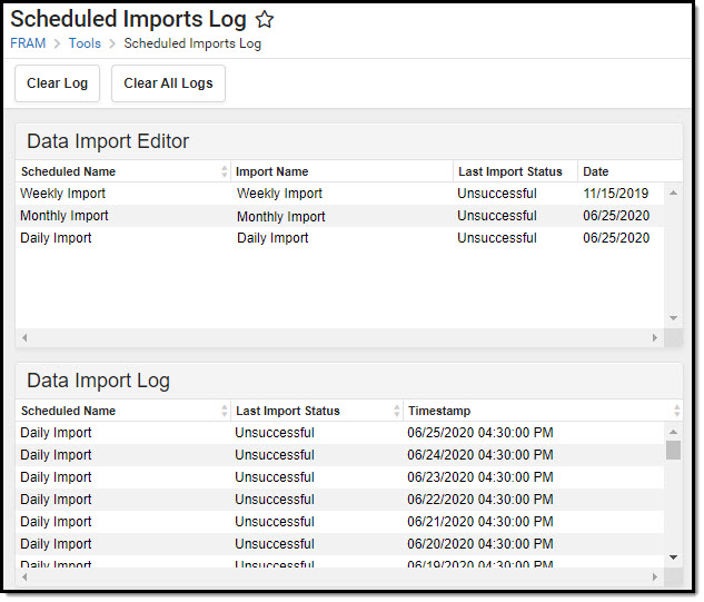 Screenshot of the Data Import Log
