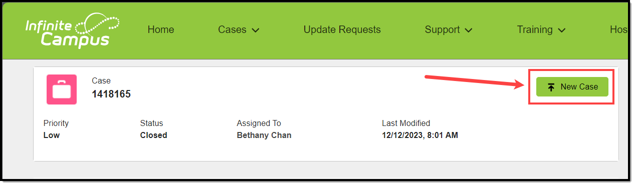 Screenshot of the New Case button that shows in the upper-right corner of the case screen when viewing the details of a case that has been closed long enough that it cannot be reopened.