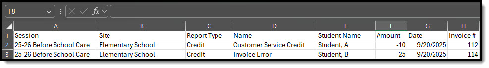 Screenshot of the Dependent Care Student Financial Activity - Credits Report
