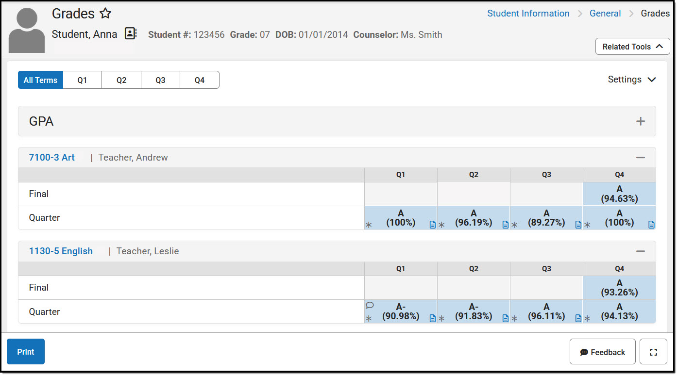 Screenshot of the Grades tool, withposted grades for Art and English courses Quarters 1-4.