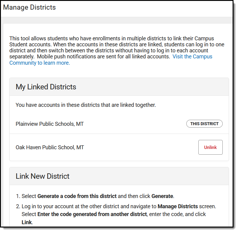 Screenshot of Manage Districts from a user's perspective.