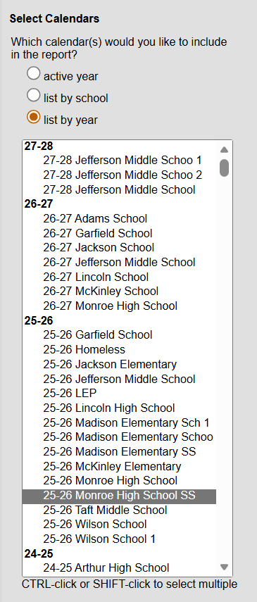 select calendars by year in transcript post wizard