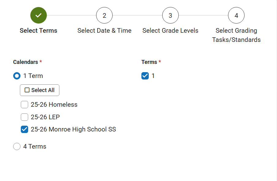 calendar and term selection in grading window.